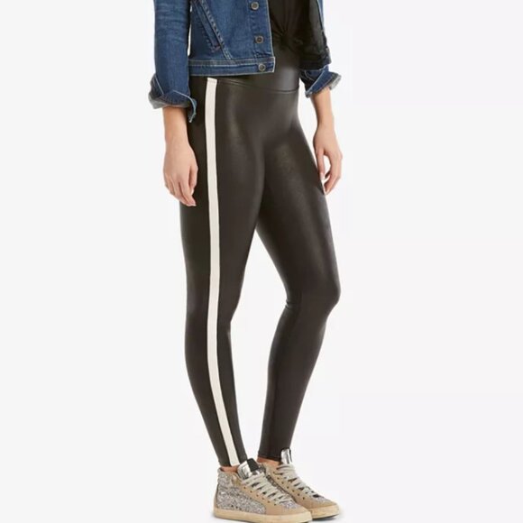 NWT SPANX Tuxedo-Stripe Faux-Leather Leggings - Picture 1 of 9